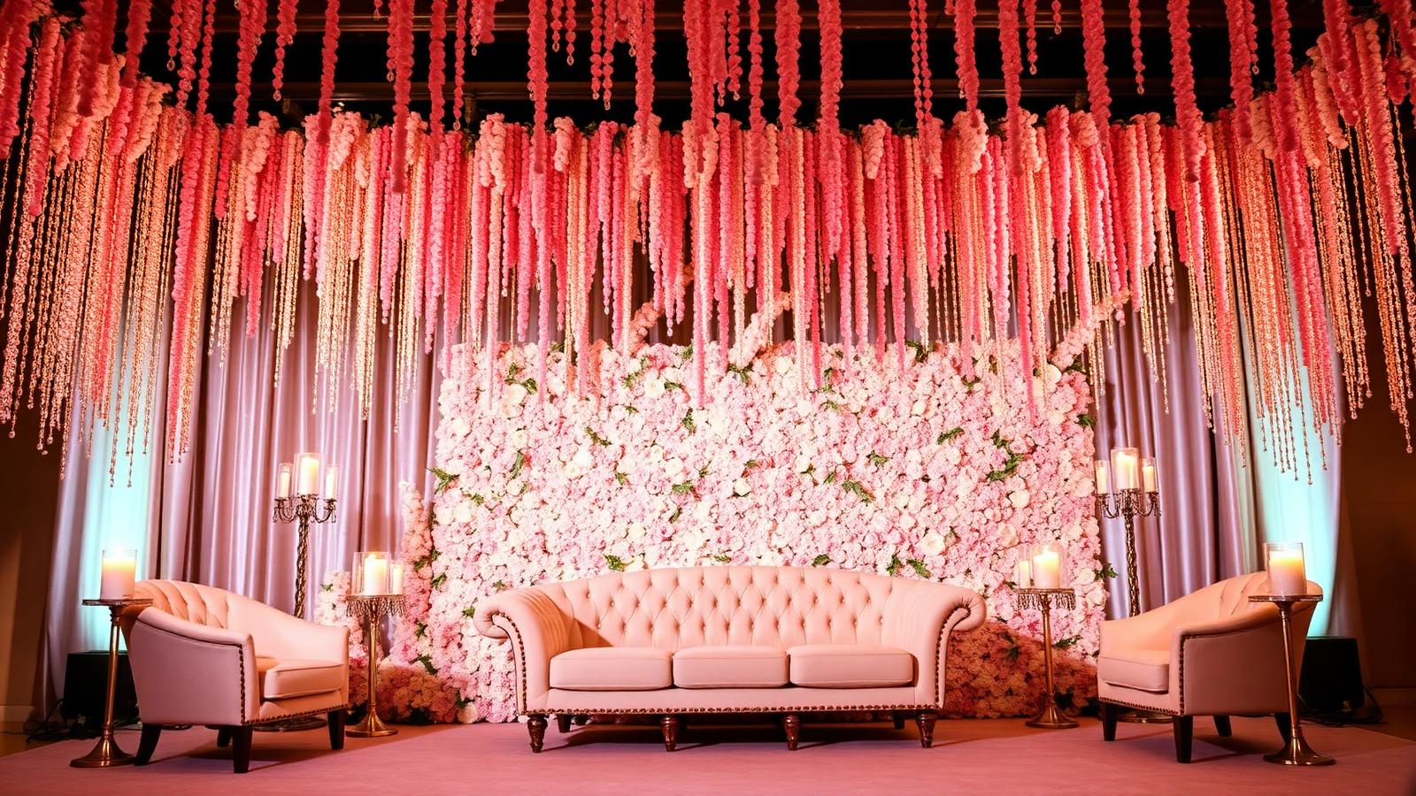 Luxury wedding stage with floral wall and cascading installations
