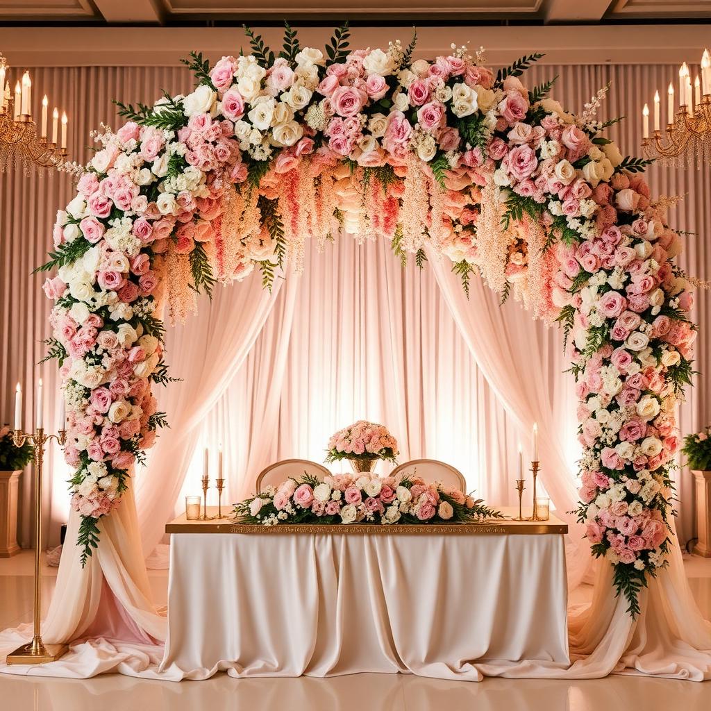 Lush pink and white floral arch with draped fabric and candles