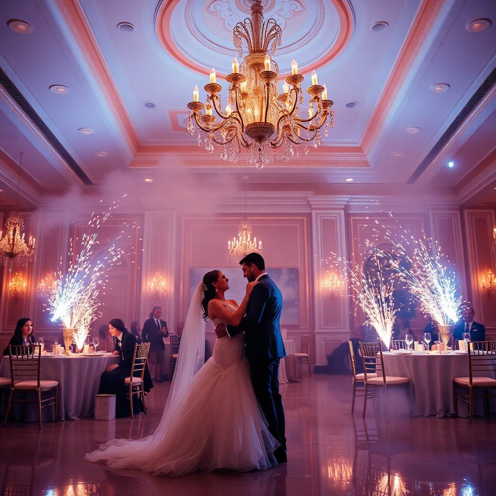 Bride and groom first dance with sparklers in a luxury ballroom