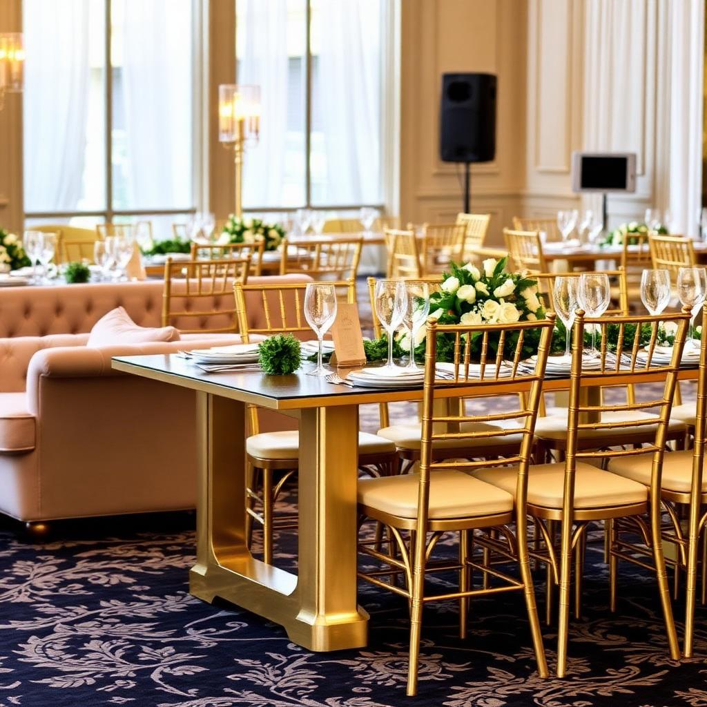 Gold chiavari chairs and styled tablescape with crystal glassware